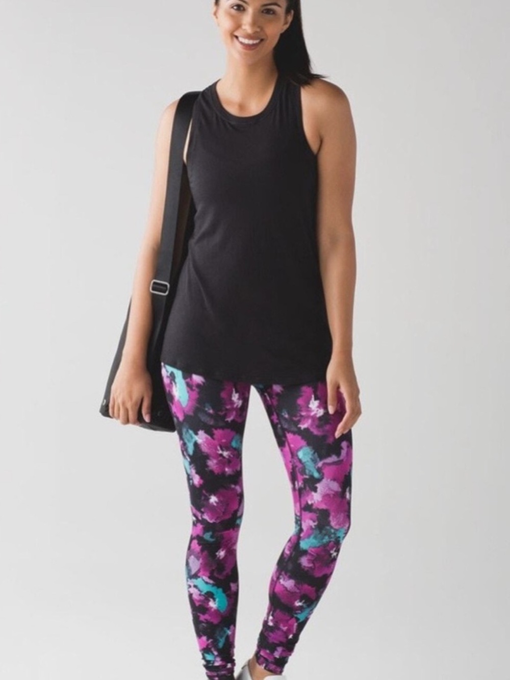 lululemon athletica Black Tank with Purple and Teal Floral Leggings